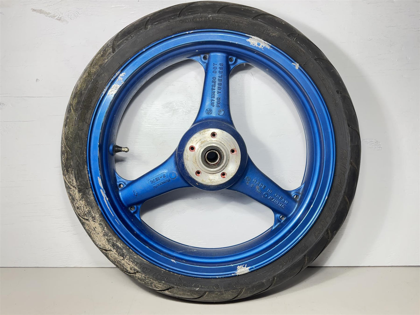 1999 Kawasaki ZX9R Front Wheel Rim 17 Inch Blue OEM Black Tire ZX 9R